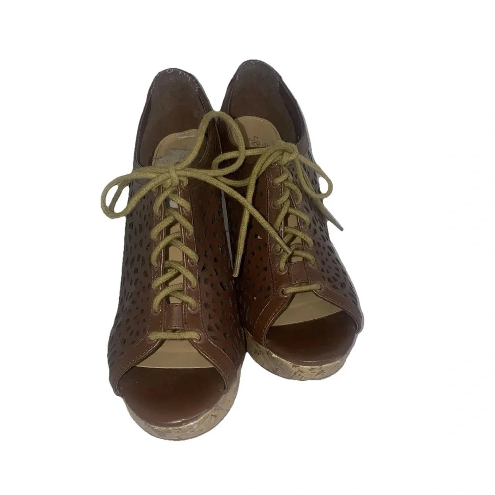 Women's Brown Lace Up Wedge Sandals Size 10 Peep Toe shoes
